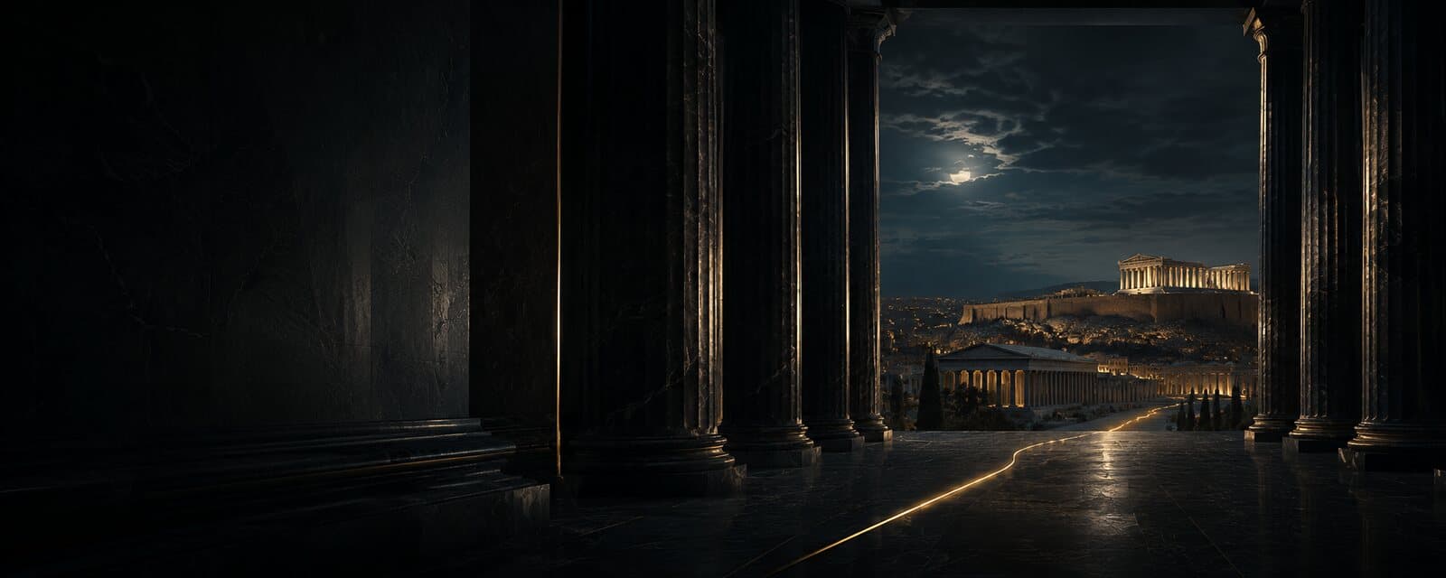 A moonlit colonnade looking out over the Acropolis, a thread of gold light running along the marble floor.